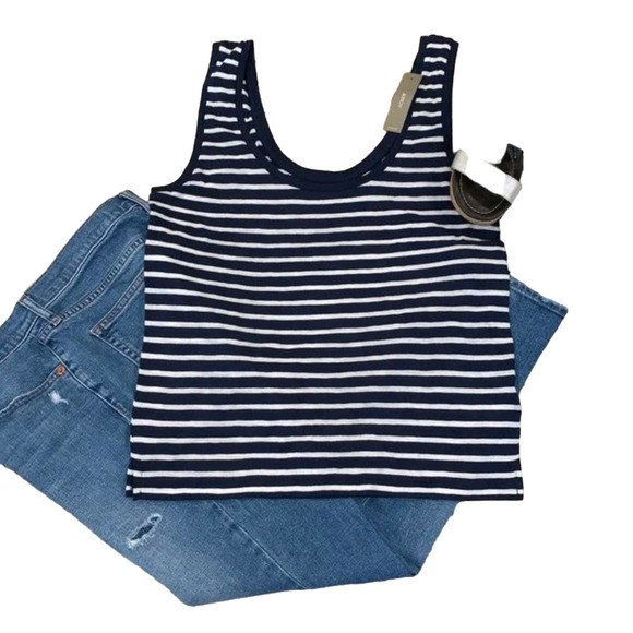 NWT J. Crew Navy and White Stripe Vintage Cotton Scoop Neck Tank - SIZE L - Picture 1 of 7